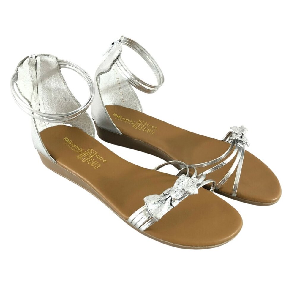 Kid Express Girls Sandals Strappy Leather Open Toe Ankle Strap Silver Size 7.5